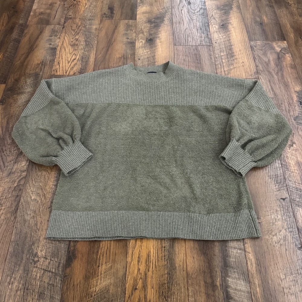 Daytrip Green Mixed Knit Waffle Boho Balloon Sleeve Sweater Large Slouchy Cozy